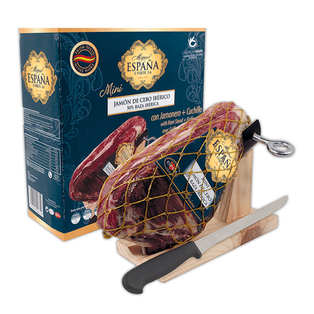 Хамон де Себо Иберико 50% Raza Iberica с мини-хамонерой и ножом, 1 кг